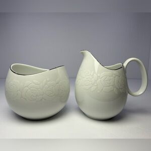 Ermime Porcelain Creamer & Sugar Set Raymond Loewy Embossed Rose Silver Trim‎
